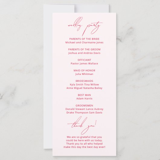 Blush Pink & Red Moderne Hochzeitsprogramme (Rückseite)