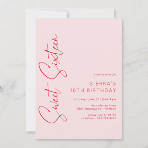 Blush Pink Red Script Sweet 16 Birthday Party Einladung
