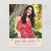 Blush Pink Rett Date Foto Abschluss Script Herz Einladungspostkarte (Vorderseite)