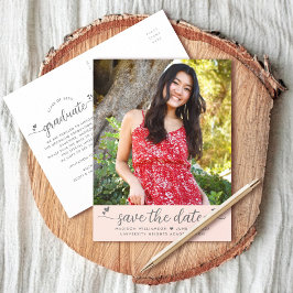 Blush Pink Rett Date Foto Abschluss Script Herz Einladungspostkarte