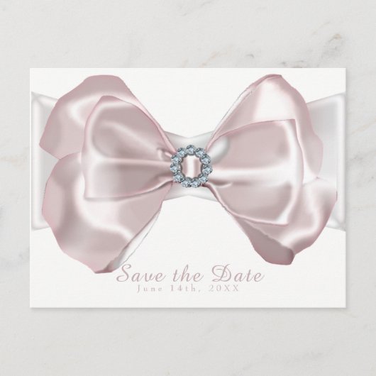 Blush Pink Ribbon & Diamonds Save the Date elegant Ankündigungspostkarte (Vorderseite)