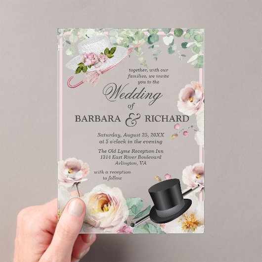 Blush Pink Romantic Top Hat Hochzeit Acryleinladungen (Insitu (Handheld))