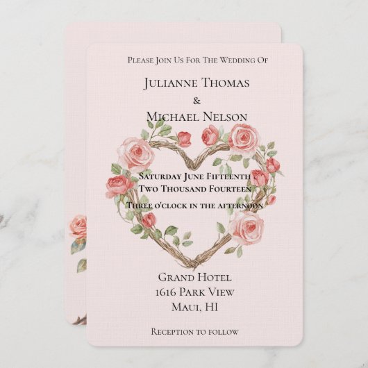 Blush Pink Romantische Rote Rose Blumenkohl Hochze Einladung (Vorne/Hinten)