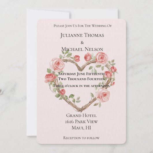 Blush Pink Romantische Rote Rose Blumenkohl Hochze Einladung (Vorderseite)