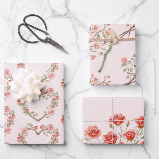 Blush Pink Romantische Rote Rose Blumenkohl Hochze Geschenkpapier Set (Vorderseite)