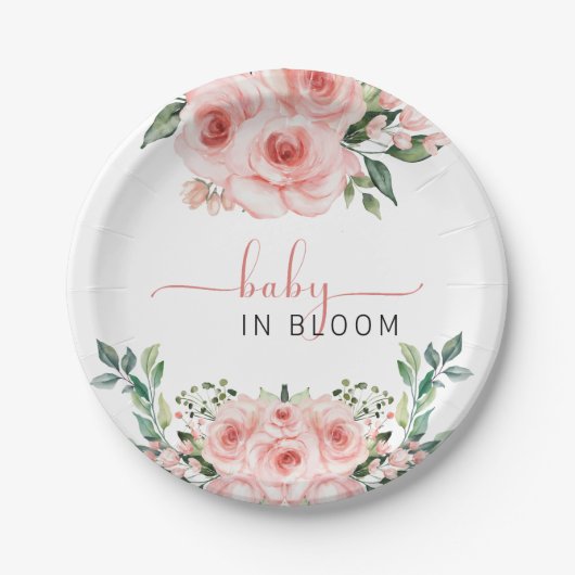 Blush Pink Rose Baby in Blütendusche Windelwindung Pappteller (Vorderseite)