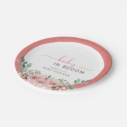 Blush Pink Rose Baby in Blütendusche Windelwindung Pappteller (Schrägansicht)
