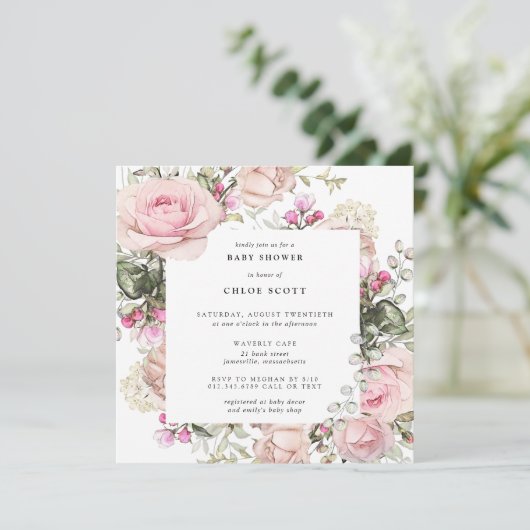 Blush Pink Rose Bläschen Girl Babydusche Einladung (Stehend Vorderseite)