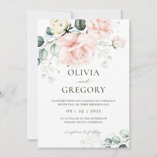 Blush Pink Rose Bloral Hochzeitseinladung Einladung (Vorderseite)