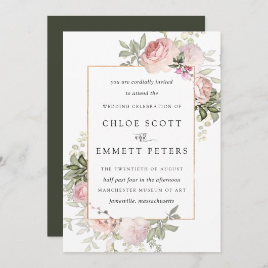 Blush Pink Rose Bloral Hochzeitseinladung Einladung (Vorne/Hinten)