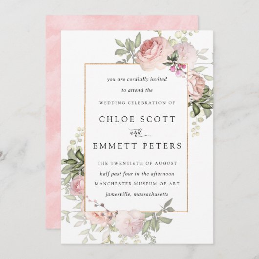 Blush Pink Rose Bloral Hochzeitseinladung Einladung (Vorne/Hinten)