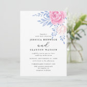 Blush Pink Rose Blumenbläschen Dusty Blue Blätter Einladung (Stehend Vorderseite)