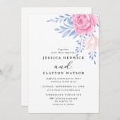 Blush Pink Rose Blumenbläschen Dusty Blue Blätter Einladung (Vorne/Hinten)