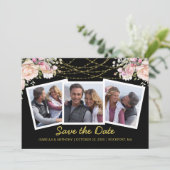 Blush Pink Rose Blumenblume Gold Blau 3 Foto Rett  Save The Date (Stehend Vorderseite)