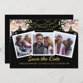 Blush Pink Rose Blumenblume Gold Blau 3 Foto Rett  Save The Date (Vorne/Hinten)