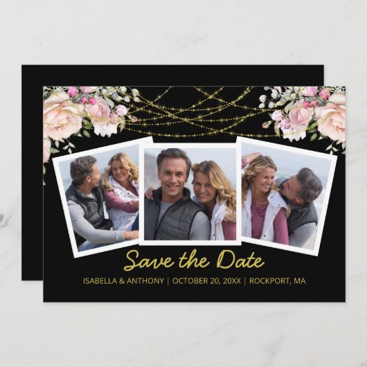 Blush Pink Rose Blumenblume Gold Blau 3 Foto Rett  Save The Date (Vorne/Hinten)