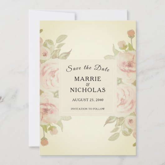 Blush Pink Rose Blumengrün Vintag Save The Date (Vorderseite)
