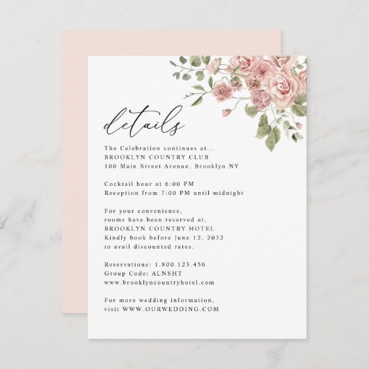 Blush Pink Rose Blumeninformationen Hochzeiten Begleitkarte (Vorne/Hinten)