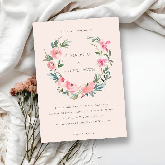 Blush Pink Rose Blumenkranz in einer Hochzeit Einladung