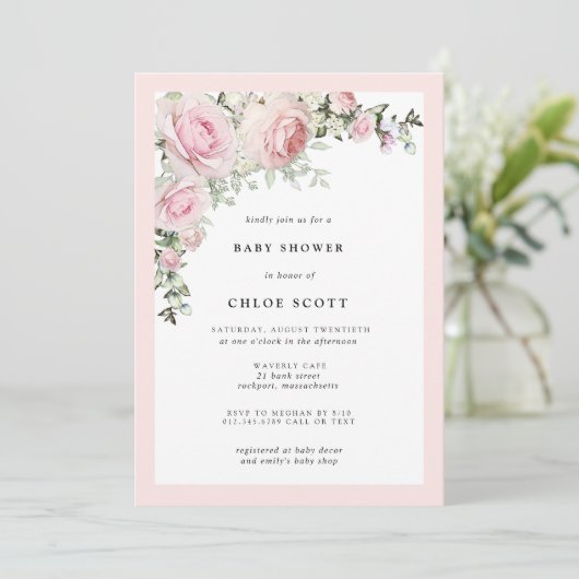 Blush Pink Rose Blumenspülung Baby Dusche Einladung (Stehend Vorderseite)
