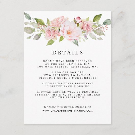 Blush Pink Rose Blumenstrauß Gastdetails Begleitkarte (Vorderseite)