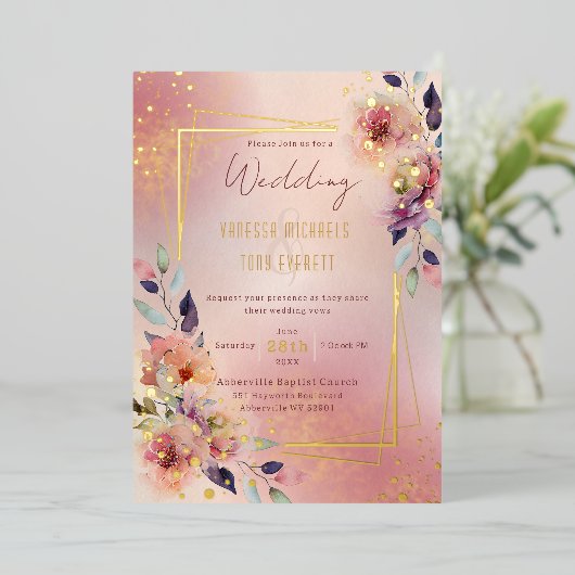 Blush Pink Rose Blütenfarben Folieneinladung (Stehend vorne)