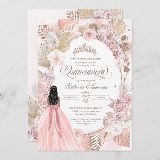 Blush Pink Rose Boho Quinceanera getrocknet Einladung (Vorne/Hinten)
