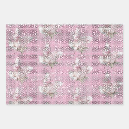 Blush Pink Rose Butterfly Sparkle Birthday Geschenkpapier Set (Vorderseite)