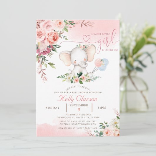 Blush Pink Rose Elephant Baby Dusche Einladung (Stehend Vorderseite)