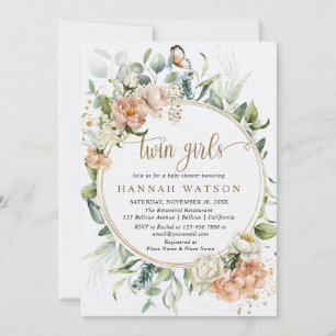 Blush Pink Rose Eukalyptus Twin Girls Babydusche Einladung