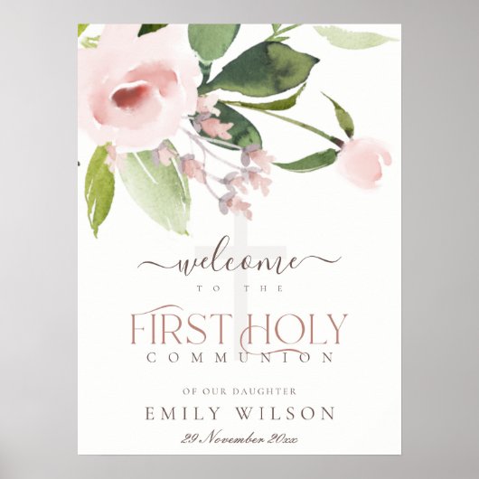 BLUSH PINK ROSE FLORA ERSTE HOLY COMMUNION WILLKOM POSTER (Vorne)