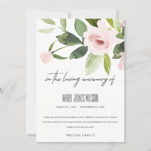 BLUSH PINK ROSE FLORA WATERCOLOR BEILEID MEMORIAL DANKESKARTE
