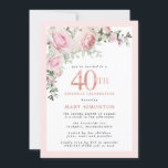 Blush Pink Rose Floral 40. Geburtstags-Party Einladung<br><div class="desc">Ehre eine besondere Frau mit dieser eleganten und weiblichen 40. Geburtstags-Party Einladung. 40. ist in großem rosa Text geschrieben. Die Geburtstagsfeier folgt. Der Name des geehrten Gastes ist auch in rosa Hauptstadt geschrieben. Rosenrosen und Salbei-grüne Blätter sorgen oben für ein wunderschönes Blumenspray. Während es sich um ein traditionelles Design handelt,...</div>