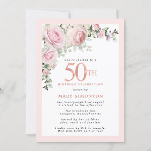 Blush Pink Rose Floral 50. Geburtstagsparty Einladung