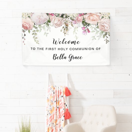 Blush Pink Rose Floral Erste Kommune Willkommen Banner (Insitu)