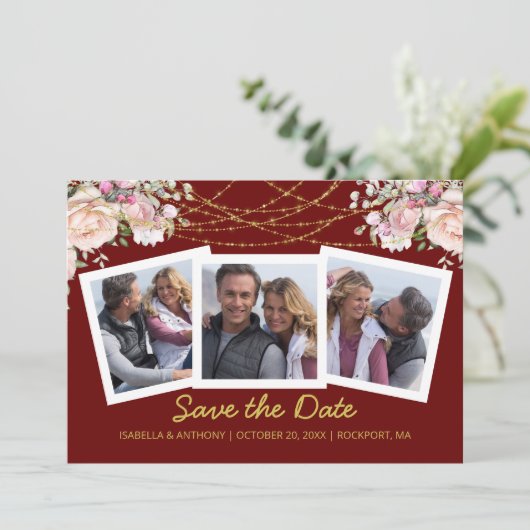 Blush Pink Rose Floral Gold Burgund 3 Foto Save The Date (Stehend Vorderseite)