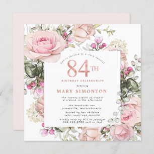 Blush Pink Rose Floral Square 84. Geburtstagsparty Einladung