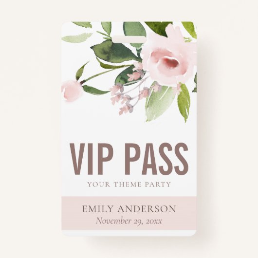 BLUSH PINK ROSE FLORAL VIP JEDE PARTY PASS AUSWEIS (Vorderseite)