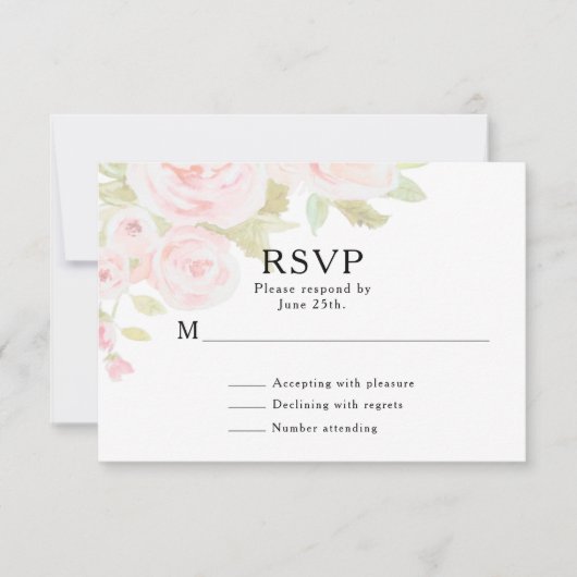 Blush Pink Rose Floral Wasserfarbe Hochzeit RSVP Karte (Vorderseite)