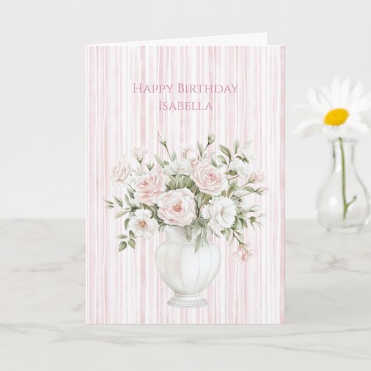 Blush Pink Rose Flowers Stripes Birthday Karte (Kleine Pflanze)