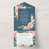 Blush Pink Rose Garden Dusty Blue Wedding All In One Einladung (Innen Boden)