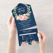 Blush Pink Rose Garland Navy Blue Wedding All In One Einladung (Abreißen)
