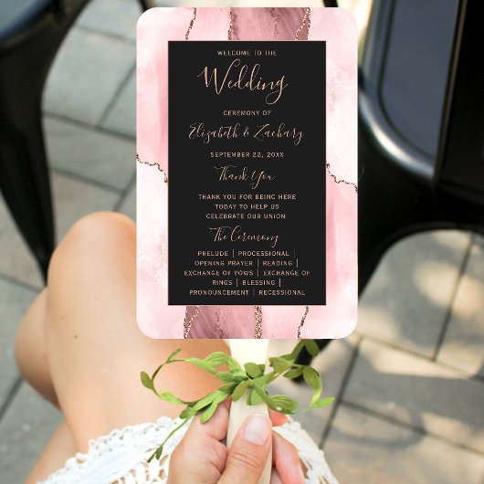 Blush Pink Rose Gold Agate Dark Wedding Program Fächer