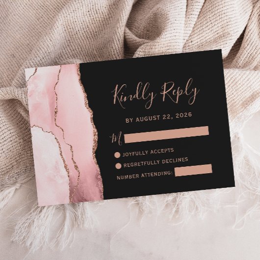 Blush Pink Rose Gold Agate Dark Wedding RSVP Karte