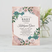 Blush Pink Rose Gold Bläserne Baby Dusche Einladun Einladung (Stehend Vorderseite)