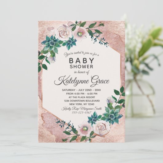Blush Pink Rose Gold Bläserne Baby Dusche Einladun Einladung (Stehend Vorderseite)
