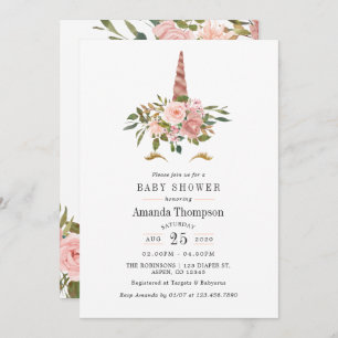 Blush Pink & Rose Gold Bläsernicorn Kinderdusche Einladung