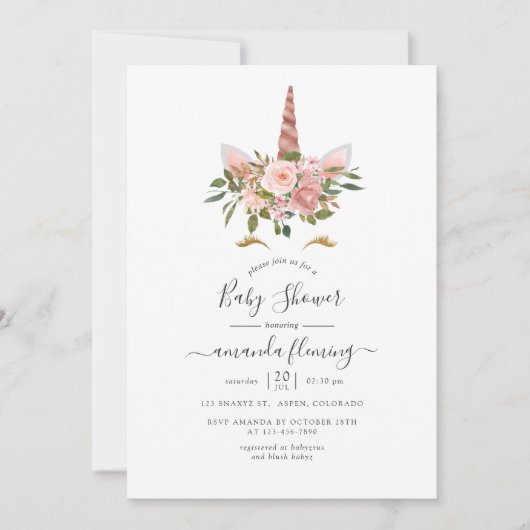 Blush Pink & Rose Gold Bläsernicorn Kinderdusche Einladung (Vorderseite)