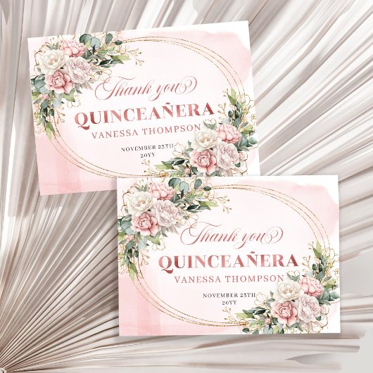 Blush Pink Rose Gold Boho Mis Quince Thank You Car Dankeskarte