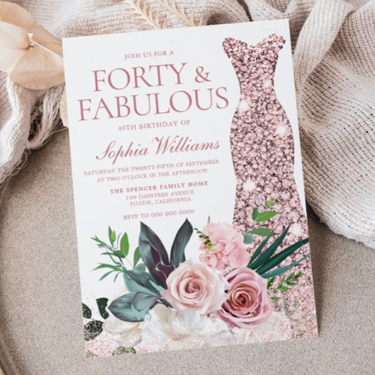 Blush Pink Rose Gold Dress 40. Geburtstag Einladung